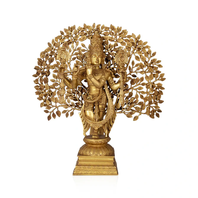 Krishna Murti With Tree Standing On Base - 26 x 24 Inches (Antique Brass)